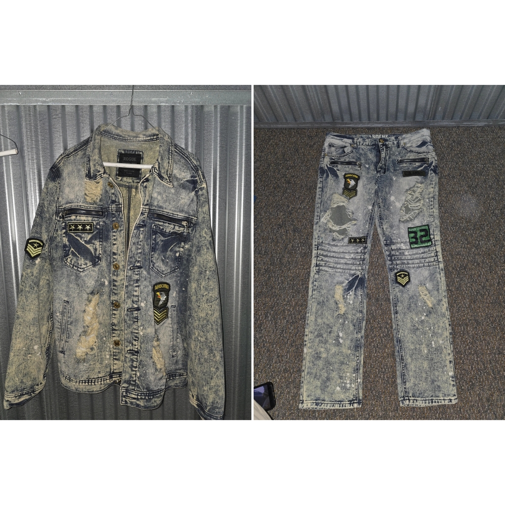 Acid Wash Denim Jacket & Jeans Set with Military Patches